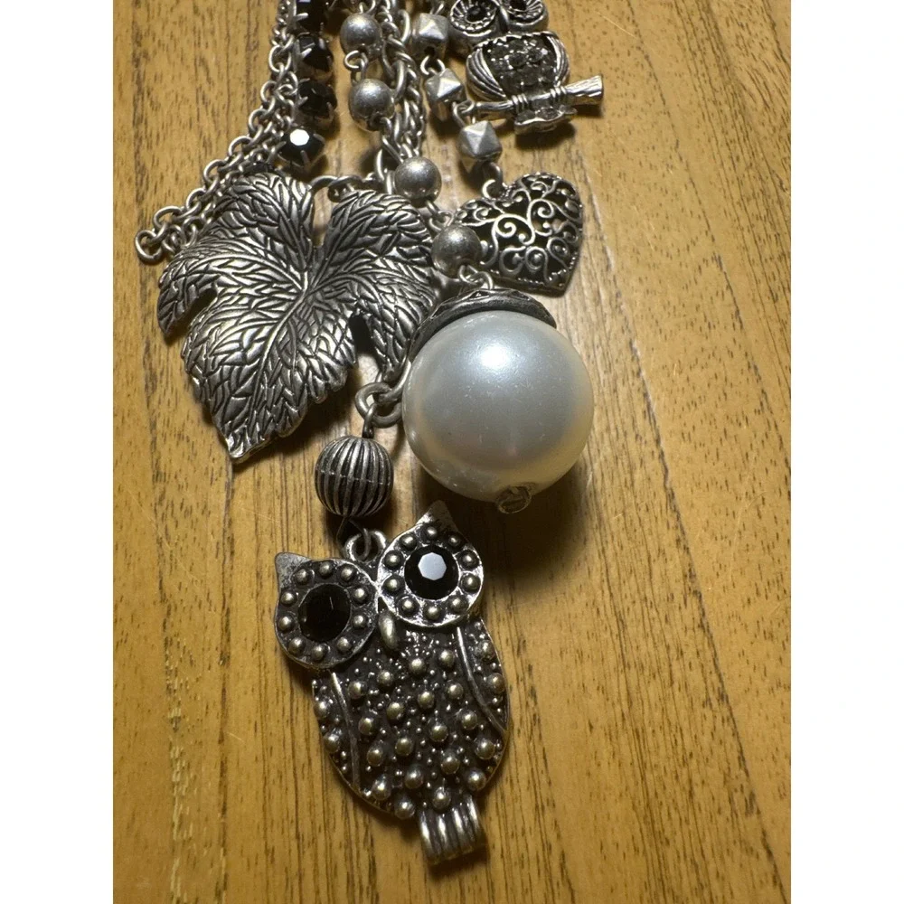 NENA Silver Tone Owl Charm Necklace Black Beads Faux Pearl Boho Tassel 22in
